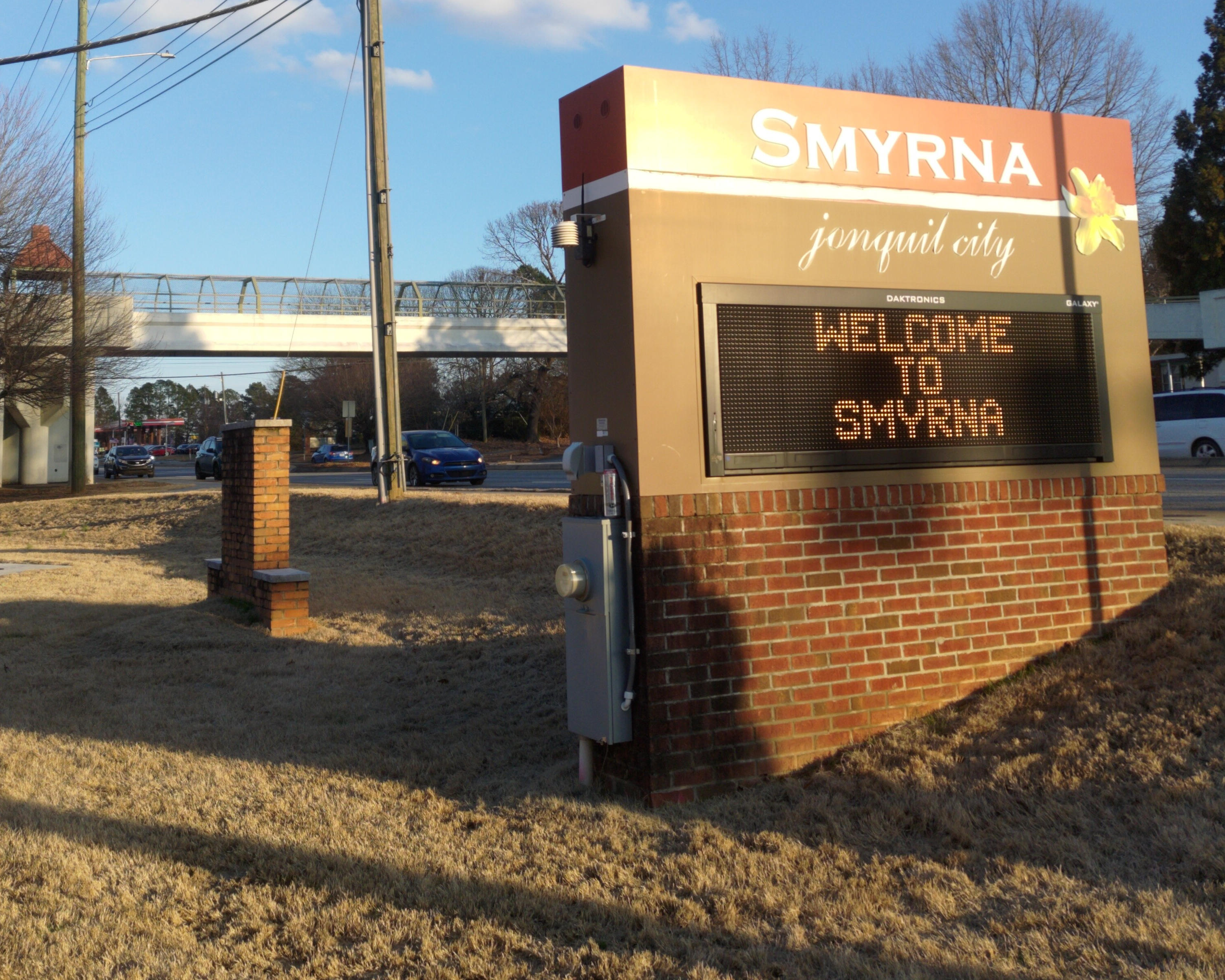 A variable-message sign reading Welcome to Smyrna