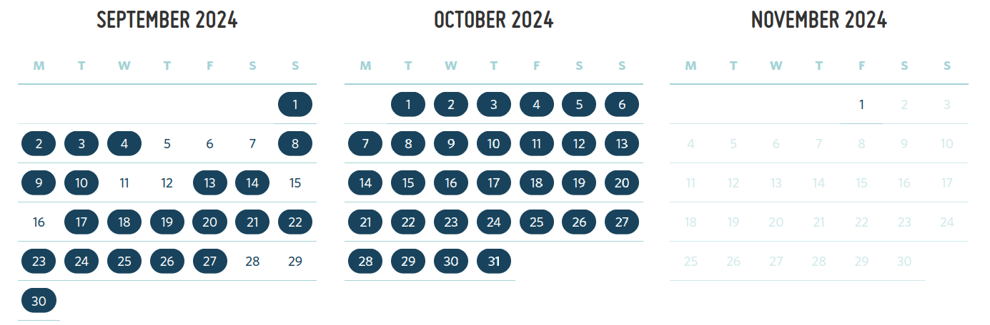 A three month calendar showing September with some days highlighted, October with all days highlighted, and November greyed out.