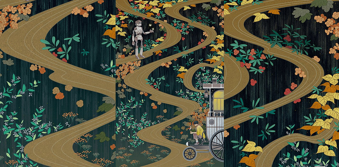 A three panel image with a wavey cartoon road surrounded by
flowers and leaves. In the center panel at the top left is a blocky robot
looking at some butterflies, and in the bottom right is a person with short
black hair sitting on the back porch of a bicycle-like wagon.