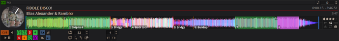 A picture of the Mixxx user interface, specifically the deck region. The song “FIDDLE DISCO!” is loaded and several green loops, red and orange hot cues, etc. are selected with labels like “Skip to 4”, “Bridge” or “Buildup”