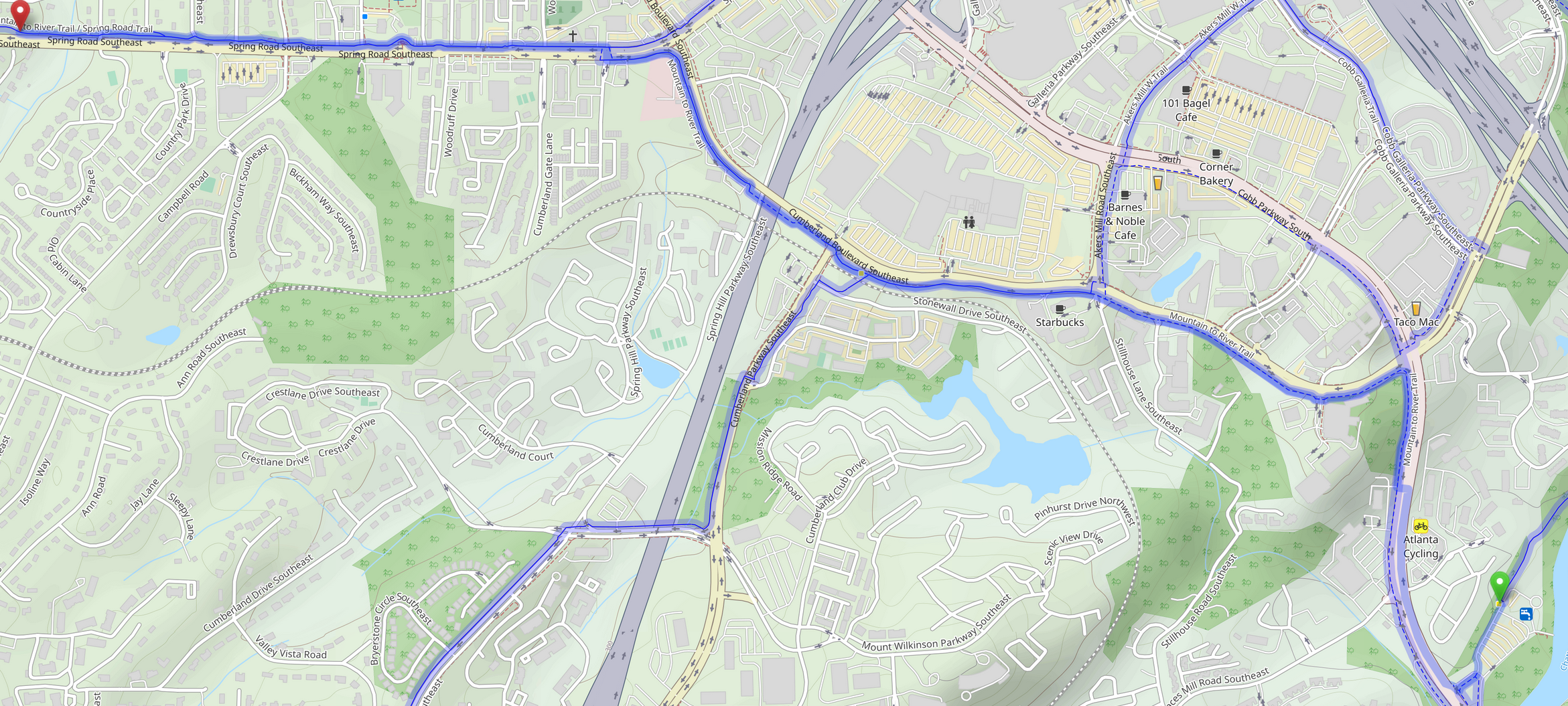 a map showing bike directions between the CRNRA at Paces Mill and Spring Road Linear Park