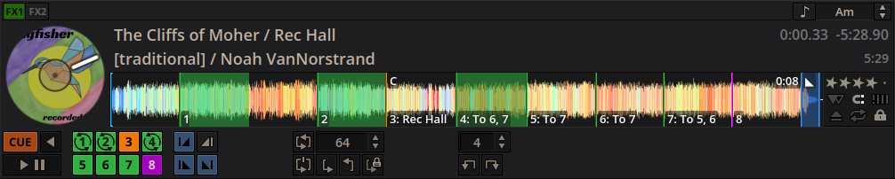 A partial screenshot of the Mixxx user interface, specifically the deck region. The tune 'The Cliffs of Moher / Rec Hall' by Kingfisher is loaded and various loops and hot cues are visible with labels showing what parts of the music can fit cleanly together.