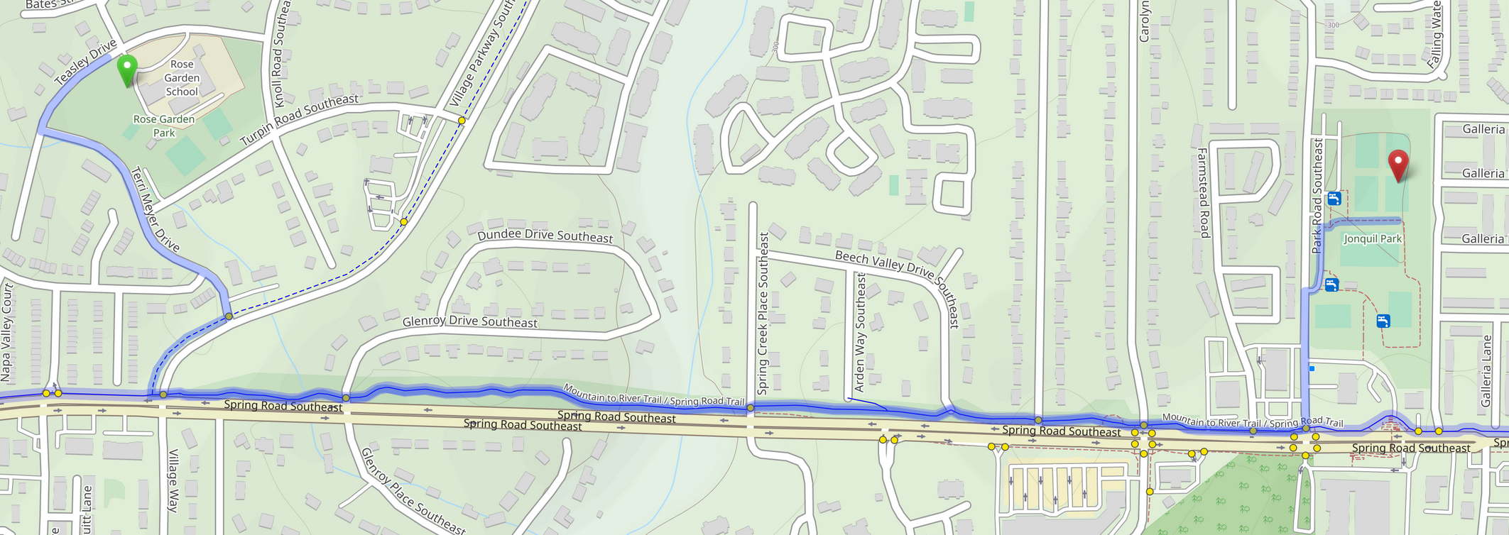 Map showing a bike route from Rose Garden Park through Spring Road Linear Park to Jonquil Park